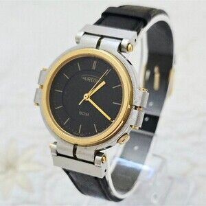 Vintage Aureole Quartz Men's Watch SW-288 Two-Tone Black Gold Swiss Made 33mm